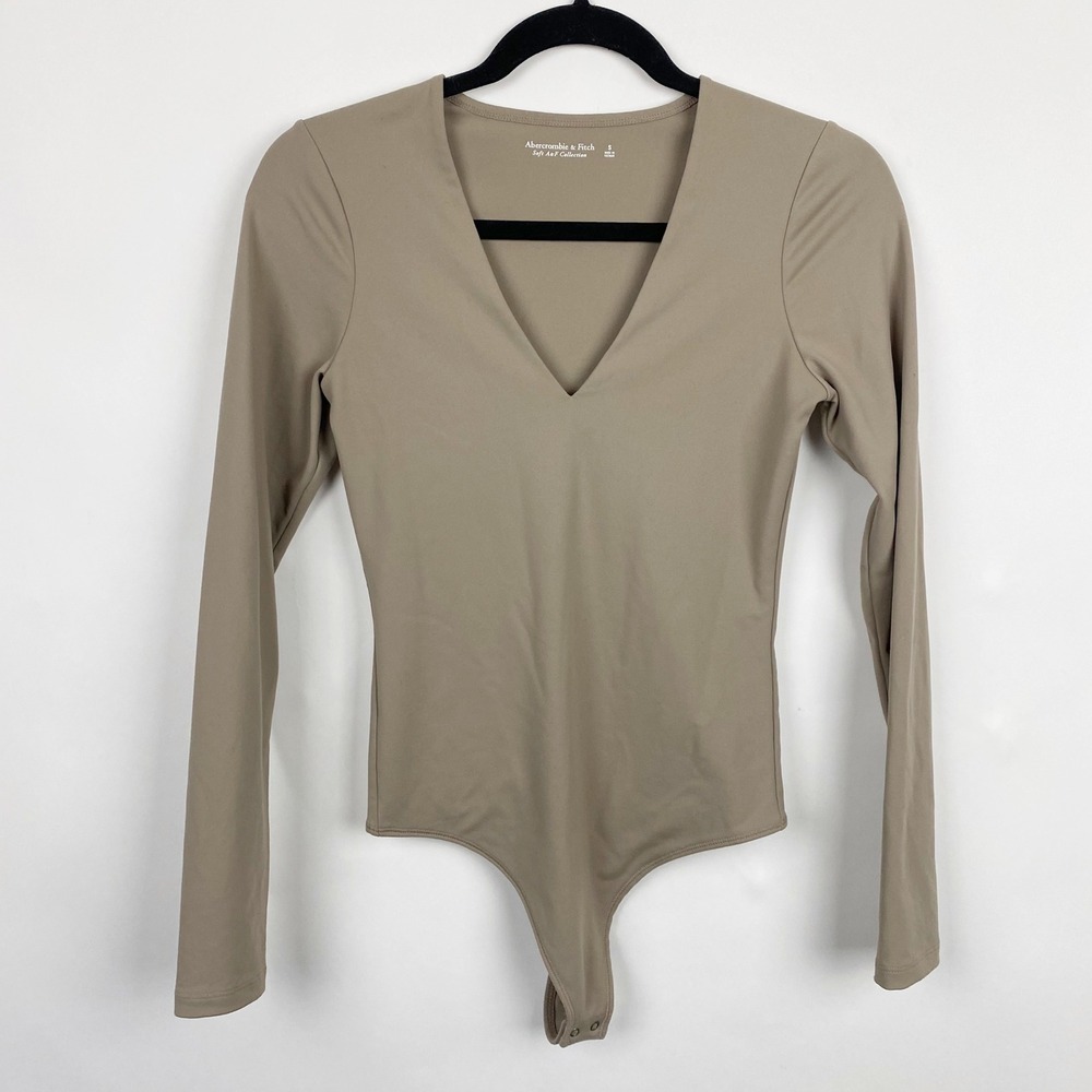 Abercrombie Fitch Soft A&F Collection Long Sleeve V Neck Bodysuit Taupe Size S